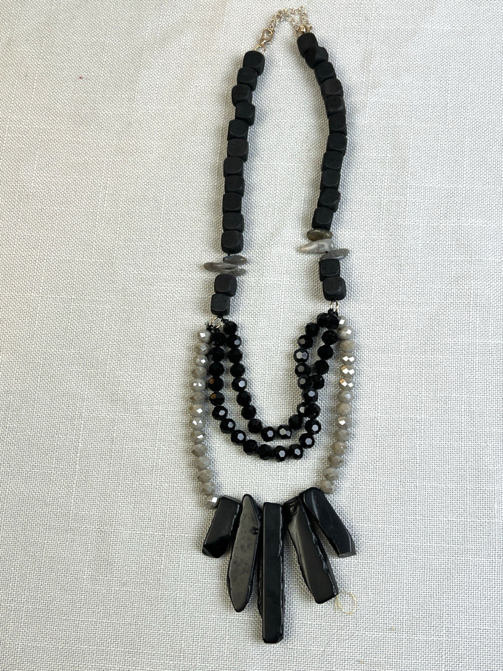 Beaded Statement Necklace Black Silver Multi-Layered Chunky Bold Boho Artsy